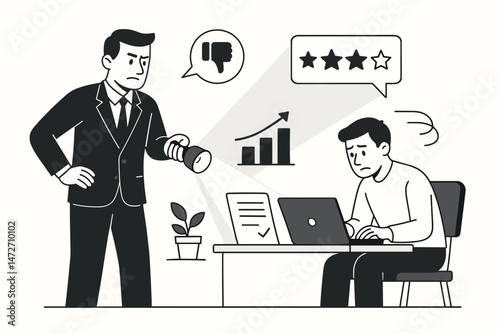 Performance review spotlight vector. Manager evaluating stressed employee's work with flashlight. Business assessment concept with feedback icons, growth graph, star rating shown.