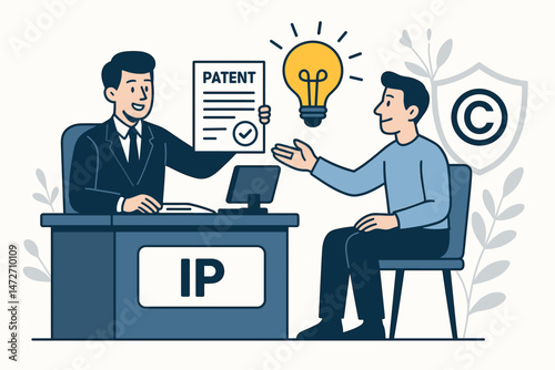 Successful patent registration illustration. Lawyer or bureau clerk hands approved IP document to happy inventor with a bright idea lightbulb. Includes copyright protection symbol.