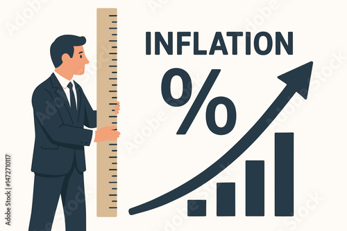 Vector illustration of businessman measuring inflation rate using ruler alongside rising percentage chart graph arrow representing economic growth financial analysis market prices increase.