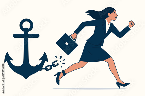 Determined businesswoman running and breaking free from a heavy anchor chain, symbolizing overcoming business obstacles, escaping debt, achieving career freedom and financial liberation vector.
