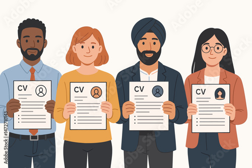 Diverse job seekers holding CVs, flat vector illustration. Men and women from different ethnic backgrounds applying for work. Concept for recruitment, human resources, diversity, inclusion.