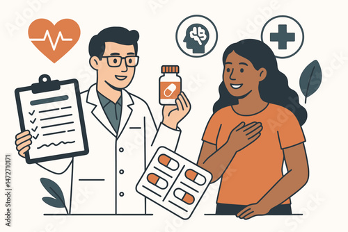 Friendly male pharmacist giving prescription medication guidance and holistic health advice to a female patient, flat vector illustration concept with medical and wellness icons.