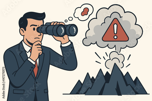 Focused businessman scouting for future business challenges and opportunities, using binoculars to spot potential risks symbolized by volcanic eruption warning sign vector art.