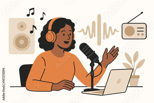 Female content creator recording a podcast episode, speaking into a professional microphone. Vector art of woman broadcaster with headphones, laptop, speaker, radio icons for media.