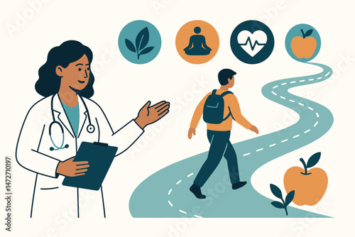 Wellness Path Guidance: Female doctor advises male patient on a holistic health journey, featuring icons for yoga, healthy eating, heart monitoring, and natural remedies. Flat vector design.