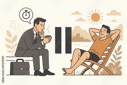 Stressed Businessman Pauses City Grind for Relaxing Beach Vacation: Work-Life Balance and Rejuvenation Vector Illustration Concept for Escaping Burnout and Finding Leisure Time