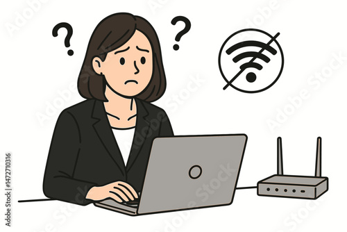 Confused woman in business suit vector illustration, puzzled by no WiFi internet access on her laptop, facing connection problems with router, symbolizing technology issues & troubleshooting.
