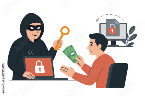 Cyber security threat illustration depicting ransomware attack where a masked hacker extorts money from a victim in exchange for a decryption key to unlock encrypted computer files.