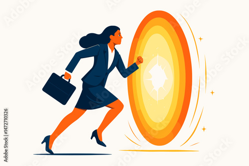 Vector illustration of a female executive leaping towards a shining portal of opportunity, symbolizing ambition, career advancement, business success, and forward motion.