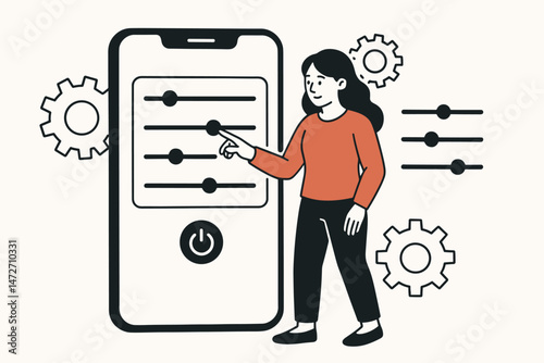 Female character interacts with smartphone settings panel, adjusting sliders for app configuration and personalization. Modern flat line art vector illustration of UI customization.