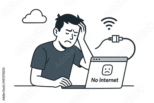 Line art vector illustration of a frustrated man experiencing internet disconnection, laptop displays No Internet error, offline status, Wi-Fi problem, technology stress concept.