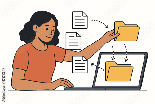 Person at computer organizing digital files. Woman sorting documents into folders on laptop screen for efficient data management and structured information storage workflow vector illustration.