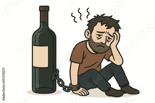 Alcoholism concept vector art showing a sad, distressed man chained to a large wine bottle. Illustrates addiction, dependency, substance abuse, mental struggle, despair, trapped by habit.