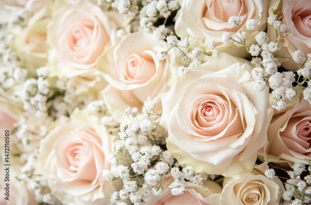 Obraz premium Elegant arrangement of soft pink roses surrounded by delicate white fillers, perfect for weddings, romantic events, and floral decoration inspiration