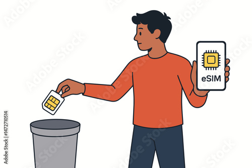 Vector Illustration Depicting eSIM Transition: Man Discards Old Physical SIM Card and Holds Smartphone Displaying Modern Embedded SIM Technology for Future Mobile Connectivity.