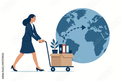 Businesswoman pushing office belongings on hand truck towards globe. Concept for global mobility, international relocation, career advancement, business expansion vector.