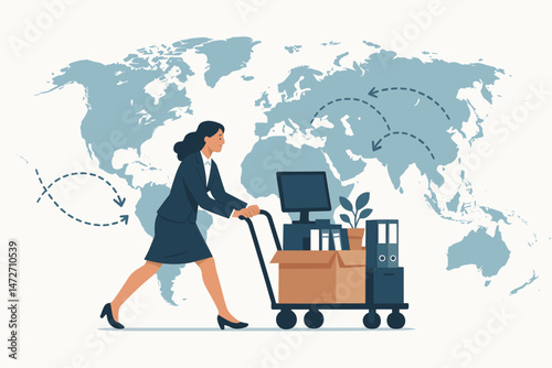 Professional businesswoman executing an office move, pushing a trolley loaded with computer, files, and plant against a world map backdrop, symbolizing global corporate mobility.