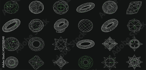 Vector graphic assets set in acid style, retro futuristic background with wireframe elements of different forms, bold modern shapes for design template, poster, stickers, banner in Y2k style