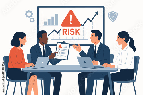 Diverse corporate team evaluates financial risks using charts and checklist during strategic planning meeting, focusing on assessment, management, and investment protection vector.