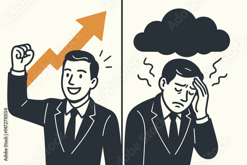 Retro vector illustration depicting business success versus private struggle, showcasing emotional duality with happy and stressed businessman, mental health and pressure concept.