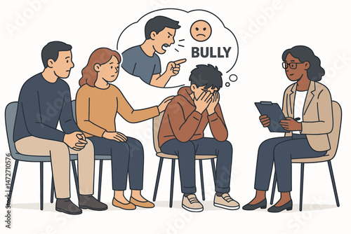 Child psychologist counsels family dealing with school bullying impact. Distressed son receives support from parents and therapist during mental health therapy session vector.