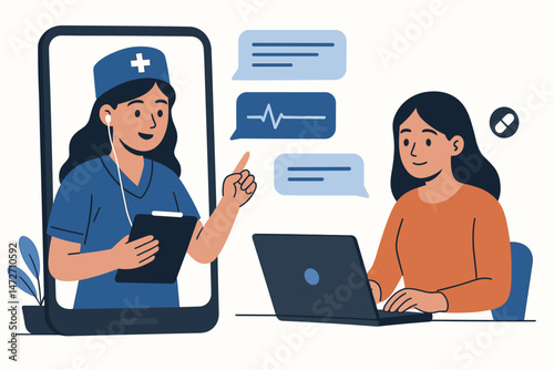 Telehealth vector concept design with female patient using laptop for online medical chat and video consultation with nurse practitioner appearing on large smartphone screen display.