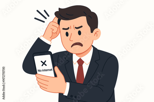 Vector Illustration of a Disconnected Businessman Symbolizing Network Failure, Communication Breakdown, Digital Overload, and Workplace Stress in a Modern Office Environment