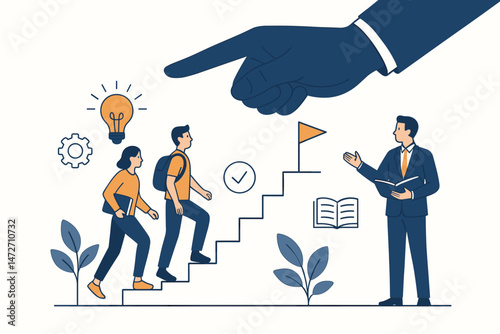 Business mentorship and career guidance concept. Leader points the path to success as young employees or students climb stairs, representing development, learning, and achieving goals.