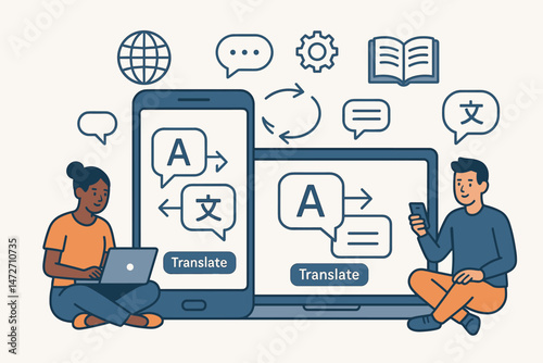Modern vector illustration showing diverse people using online translation tools on smartphone and laptop for global communication, language learning, and multilingual interaction.
