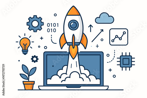 Startup business launch vector concept illustration featuring a rocket blasting off a laptop display, icons for innovation, tech, growth, binary code, cloud computing, and success.
