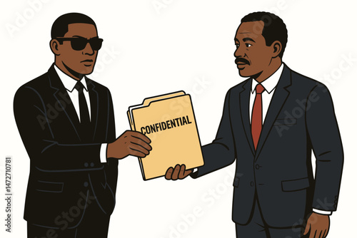 Confidential business exchange scene featuring two African American professionals in suits transferring secret documents in a folder, vector art for security, corporate deals, or espionage themes.