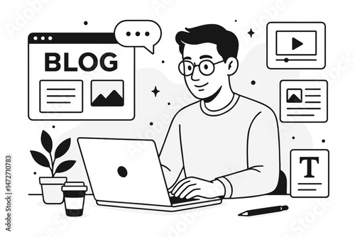 Professional male blogger or writer creating content on laptop, surrounded by digital media icons. Flat outline vector illustration of blogging, copywriting, digital marketing journey.