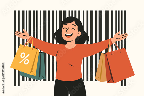 Joyful Shopping Experience Vector Illustration: Diverse happy customers carrying bags walk past vibrant storefronts in a bustling city scene, perfect for retail promotions and sales ads.