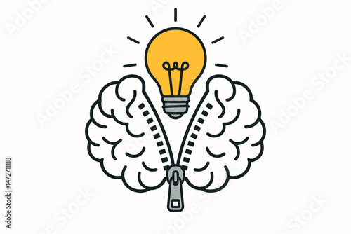Unlocking Creativity Concept: Stylized Brain with Zipper Opens to Reveal Shining Lightbulb Idea, Symbolizing Insight, Innovation, Intelligence, Mental Discovery, and Solutions
