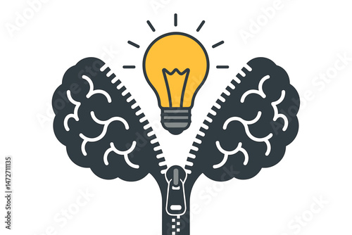 Unlocking creativity concept vector illustration. Brain with zipper opens to reveal glowing lightbulb representing new ideas, innovation, inspiration, and problem-solving potential.