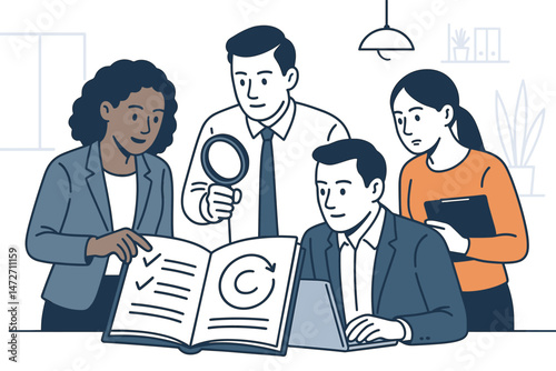 Collaborative business team reviewing project details. Diverse group using laptop, book, and magnifying glass for analysis, research, and teamwork in a modern office illustration.