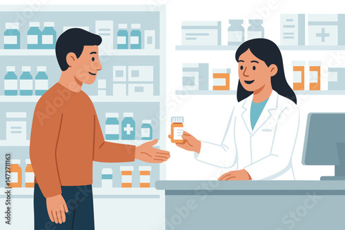 Man buying medicine at the pharmacy counter. Female pharmacist in lab coat dispenses prescription drug bottle to the customer inside a drugstore. Healthcare service vector illustration.