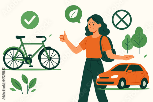 Eco Friendly Transportation Decision Concept with Woman Choosing Bicycle Over Car for Sustainable Commuting, Promoting Green Urban Mobility, Check Mark and Leaf Icons, Vector Illustration