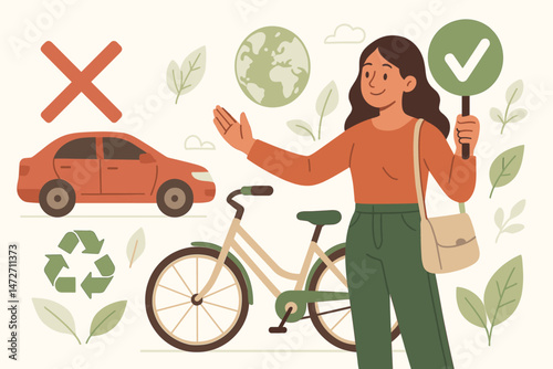 Eco Friendly Transportation Choice Concept Illustration-Woman Choosing Bicycle Over Car for Sustainability, Green Living, Recycling, Clean Environment, Earth Care, and Modern Urban Mobility