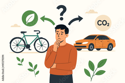 Person Deciding Between Eco-Friendly Bicycle and Pollution-Causing Car for Sustainable Transportation, Green Leaf and CO2 Symbols, Environmental Choice Concept Vector Illustration