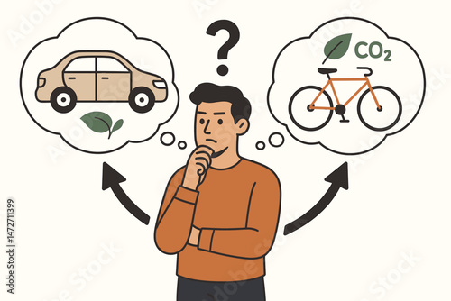 Eco-Friendly Transportation Choice Concept Illustration – Person Thinking About Sustainable Commuting Options Between Car and Bicycle, Carbon Footprint, Environmental Impact Comparison