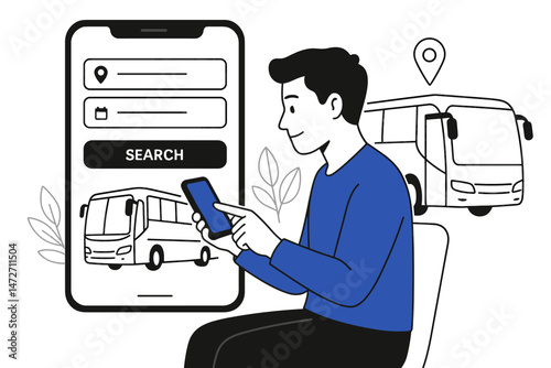 Modern Online Bus Ticket Booking Concept with Smartphone App, Location Selection and Search Interface, Digital Travel Reservation Illustration for Mobile Transportation Services