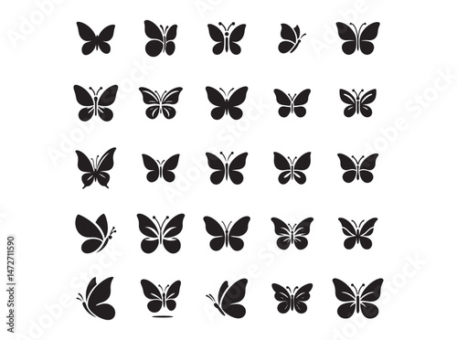 Butterfly Icons Set, A collection of various black silhouette butterfly icons on a white background. butterfly, butterflies, icon, icons, silhouette, black and white, graphic design, vector, logo.