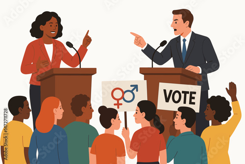 Vector illustration of a political debate featuring diverse male and female candidates arguing policy points at podiums before an audience holding vote and gender issue signs.