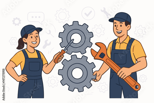 Diverse team of cheerful engineers or mechanics, male and female characters in overalls, collaborating on gear maintenance and repair using tools, vector flat illustration concept.