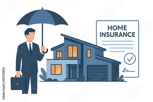 Home insurance protection concept vector illustration featuring an agent holding an umbrella over a modern house, symbolizing property coverage, real estate security, and financial policy.