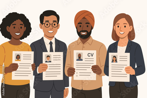 Smiling diverse group of multicultural job applicants holding CV resumes, illustrating workforce equality, inclusive hiring process, human resources recruitment, and talent acquisition.