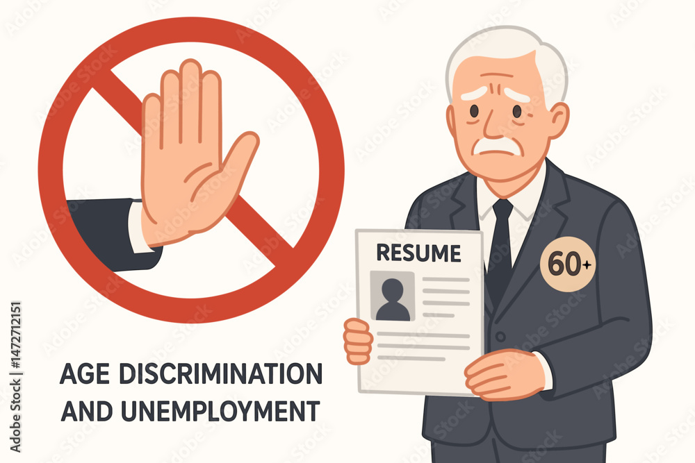 Sad senior man holding resume faces age discrimination barrier and unemployment, symbolizing workplace bias against older workers over 60 and job rejection. Vector illustration.