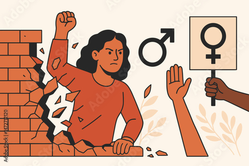 Vector illustration of gender equality advocacy: Strong woman with raised fist shatters brick wall barrier, fighting discrimination alongside protest sign for female empowerment rights.