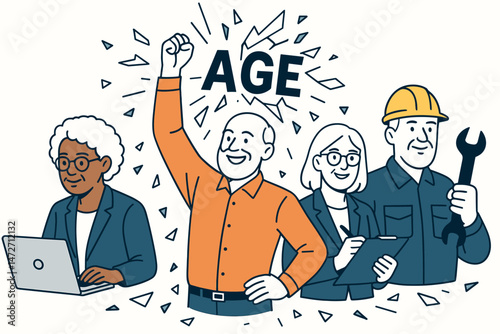 Empowered senior workforce vector art: Diverse group of active older adults, including man breaking AGE sign, representing experience, inclusion, and anti-ageism in business.